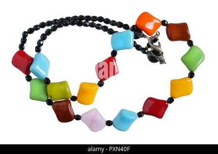 Homemade female beads are made of multi-colored smooth polished  stones and glass . Isolated on white macro shot Stock Photo