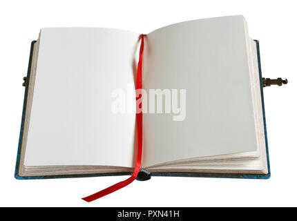 Open old retro book with blank pages,  blue cover and metal clasp. Isolated on white with patch Stock Photo