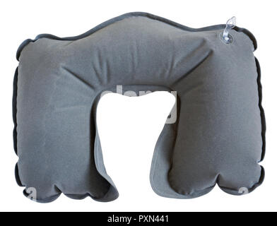 Inflatable rubber cushion is worn around the neck to sleep on the plane. Isolated on white with patch Stock Photo