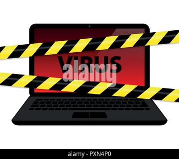 virus inside the laptop with warning tape internet crime vector illustration EPS10 Stock Vector