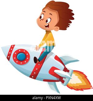 Happy Boy playing and imagine himself in space driving an toy space rocket. Vector cartoon illustration. Isolated Stock Vector