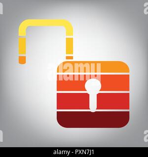 Unlock sign illustration. Vector. Horizontally sliced icon with colors from sunny gradient in gray background. Stock Vector