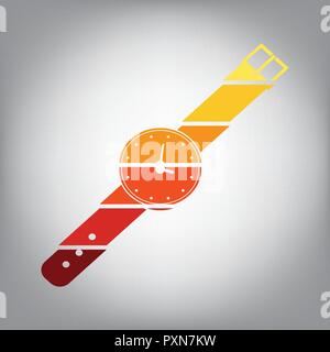 Watch sign illustration. Vector. Horizontally sliced icon with colors from sunny gradient in gray background. Stock Vector