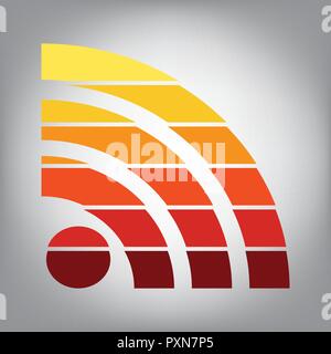 RSS sign illustration. Vector. Horizontally sliced icon with colors from sunny gradient in gray background. Stock Vector