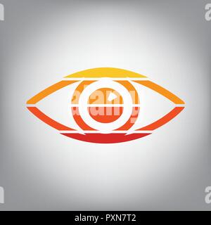 Eye sign illustration. Vector. Horizontally sliced icon with colors from sunny gradient in gray background. Stock Vector