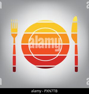 Fork, Knife and Plate sign. Vector. Horizontally sliced icon with colors from sunny gradient in gray background. Stock Vector