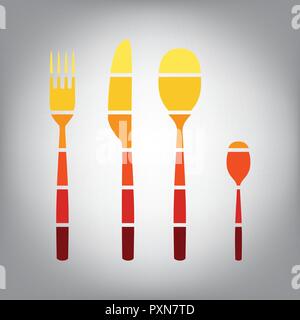 Fork spoon and knife sign. Vector. Horizontally sliced icon with colors from sunny gradient in gray background. Stock Vector