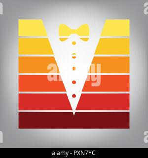Tuxedo with bow silhouette. Vector. Horizontally sliced icon with colors from sunny gradient in gray background. Stock Vector