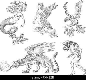 Set of Mythological animals. Mermaid Minotaur Chinese dragon Harpy Griffin Mythical Basilisk Roc Woman Bird. Greek creatures. Engraved hand drawn antique old vintage sketch. Stock Vector