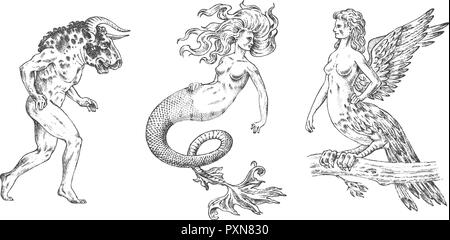 Set of Mythological animals. Mermaid Minotaur Harpy Woman Bird. Greek creatures. Engraved hand drawn antique old vintage sketch. Stock Vector