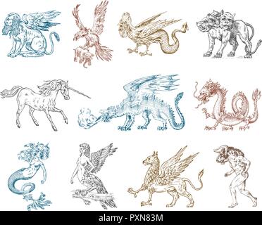 Set of Mythological animals. Mermaid Minotaur Unicorn Chinese dragon Cerberus Harpy Sphinx Griffin Mythical Basilisk Roc Woman Bird. Greek creatures. Engraved hand drawn antique old vintage sketch. Stock Vector