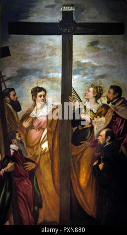 St. Helen, St. Barbara, St. Andrew, St. Macarius, another Saint and a Worshipper Adore the Cross 1560 by Jacopo Robusti, called Tintoretto (1518 - 1594 Venice) Italy Italian Jacopo Tintoretto (real name Jacopo Comin 1518 - 1594) Jacopo ROBUSTI Stock Photo