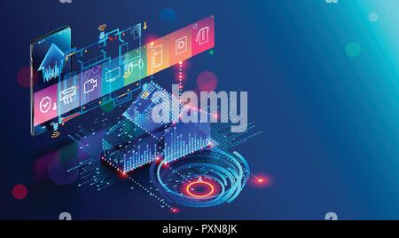 Smart home abstract background. Smartphone app of automation internet of things of intellectual house. System of control Appliances via wifi network. Modern building with mobile monitoring and iot. Stock Vector