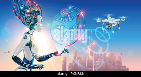 Robot woman controls drone with camera and monitoring situation on map of smart city. Artificial intelligence management of city infrastructure. Silhouette future town in sunrise. Stock Vector