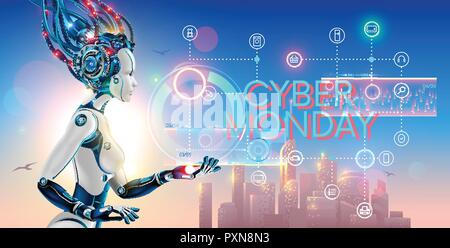 Cyborg woman show hologram with text cyber monday and icons online internet store. Robot advertising event sale promotion banner of e-commerce. Stock Vector