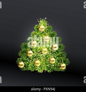 Realistic Christmas green tree with gold toys Stock Vector