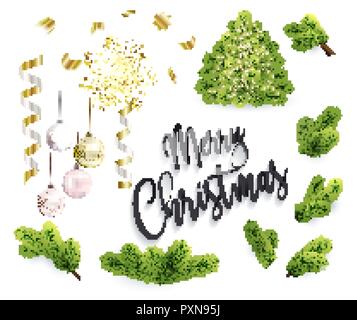 Set of Christmas objects, toys, fir tree branches Stock Vector