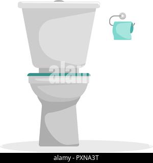 Flat vector illustration. Toilet with a roll of toilet paper on the wall. An isolated figure. Stock Vector