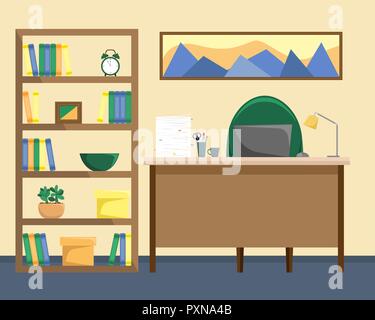 An office with a bookcase. Desk with a lamp, a pile of papers and a laptop. Vector illustration. Stock Vector