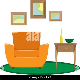 Flat vector illustration. The interior of the living room. Armchair with vases on the table. Recreation area. An isolated figure. Stock Vector
