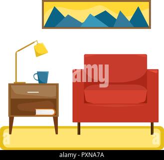 Flat vector illustration. The interior of the living room. Armchair with wall lamp on the nightstand. Recreation area. An isolated figure. Stock Vector
