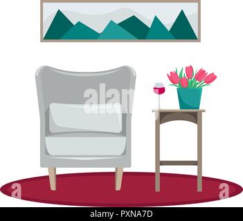 Flat vector illustration. The interior of the living room. Armchair with a bouquet of tulips and a glass of wine on the table. Recreation area. An iso Stock Vector