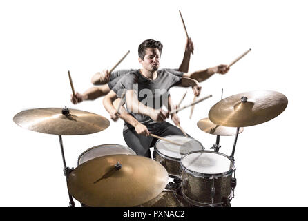 Drummer with many arms isolated on white Stock Photo