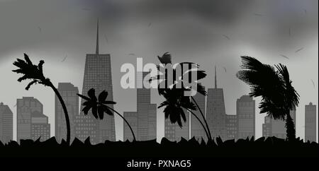 Palm trees during storm and hurricane. Leaves fly across the sky of the city from storm. Vector Illustration Stock Vector