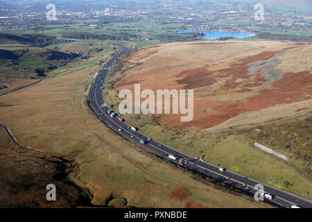 aerial view of the M62 motorway as it heads through the Pennines  towards Manchester Stock Photo