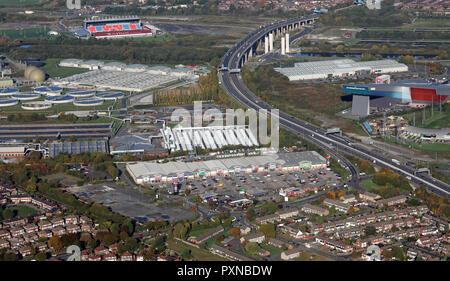 aerial view of Trafford Retail Park, Davyhulme Water Treatment Works  & AJ Bell Stadium in distance,  Manchester M41 Stock Photo