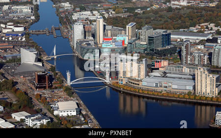 aerial view of Salford Quays including MediaCityUK with the BBC, ITV Dock10 & Kellogs, near Manchester Stock Photo