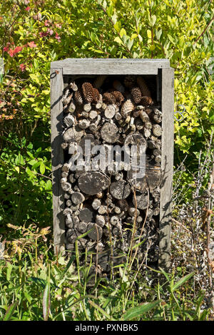 Home made bug insect hotel for wildlifinsects to hibernate made from wooden logs to over winter in a wildlife garden England UK Britain Stock Photo