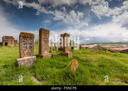 Armenia, Lake Sevan, Noratus, town cemetery, ancient khachkar monuments Stock Photo