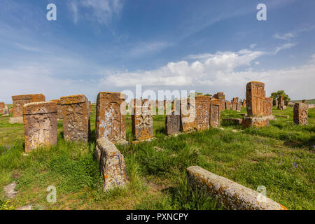 Armenia, Lake Sevan, Noratus, town cemetery, ancient khachkar monuments Stock Photo