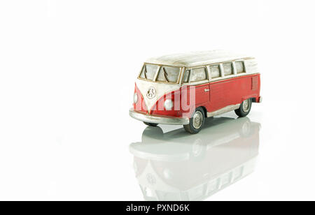wooden Miniature VW Bulli 1962 isolated on white, The cult car of the Hippie generation and it remained the status vehicle of the high wave surfers Stock Photo