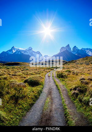 View towards Paine Grande and Cuernos del Paine, Torres del Paine National Park, Patagonia, Chile Stock Photo