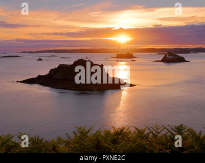 France, Finistere, Bay of Morlaix, Carantec, Louet island and  lighthouse with chateau du Taureau at sunset Stock Photo