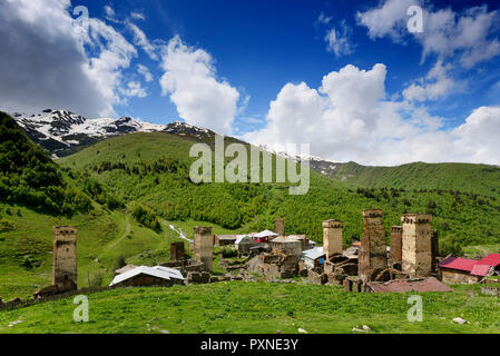 The mountain village of Ushguli. A UNESCO World Heritage Site. Upper Svanetia, Georgia. Caucasus Stock Photo