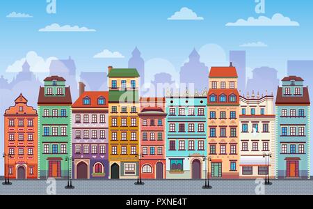 Flat Warsaw cityscape panorama Poland Europe multi color street Stock Vector