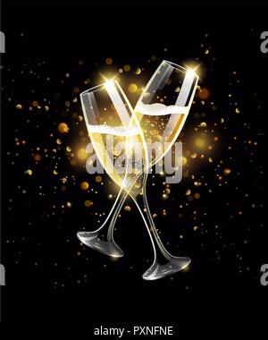 Sparkling glasses of champagne on black background, bokeh effect Stock Vector