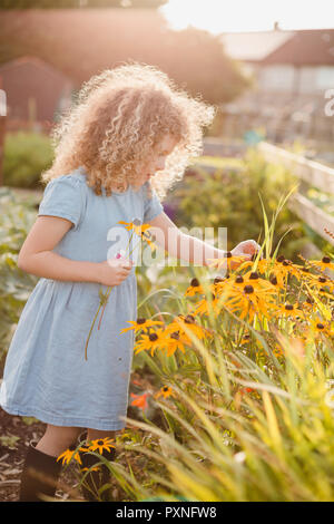 Little girl picking flowers in the garden Stock Photo