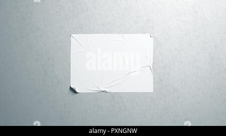 Blank white wheatpaste adhesive horizontal poster mockup on textured wall, 3d rendering. Empty glue placard mock up. Cinema or propaganda sticked bann Stock Photo