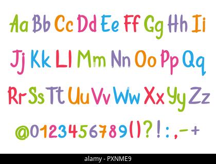 Coloful alphabet in sketchy style. Vector handwritten pencil letters, numbers and punctuation marks. Brush pen handwriting font. Stock Vector