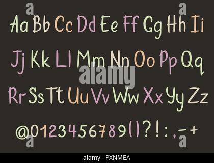 Coloful alphabet in sketchy style. Vector handwritten pencil letters, numbers and punctuation marks. Brush pen handwriting font. Stock Vector