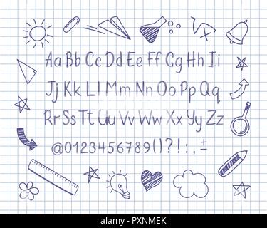 Alphabet in sketchy style with school doodles on copybook sheet. Vector handwritten pencil letters, numbers and punctuation marks. Ink pen handwriting Stock Vector