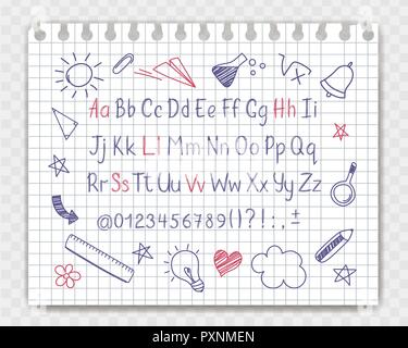 Alphabet in sketchy style with school doodles on copybook sheet. Vector handwritten pencil letters, numbers and punctuation marks. Ink pen handwriting Stock Vector