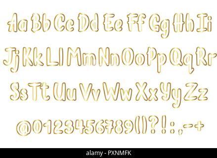 Golden alphabet  in sketchy style. Vector handwritten  letters, numbers and punctuation marks. Gold contoured handwriting font. Stock Vector