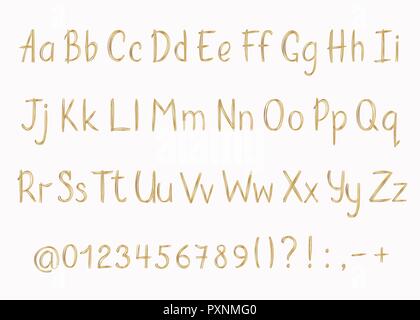 Golden alphabet in sketchy style. Vector handwritten pencil letters, numbers and punctuation marks. Gold pen handwriting font. Stock Vector