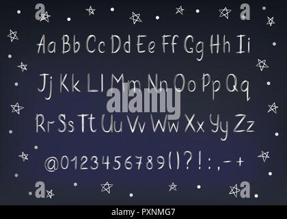 Silver alphabet in sketchy style. Vector handwritten pencil letters, numbers and punctuation marks. Metallic pen handwriting font. Stock Vector