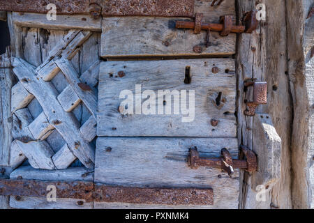 Twelfth century wooden door at Chepstow  Castle, Monmouthshire, Wales, United Kingdom, Europe Stock Photo